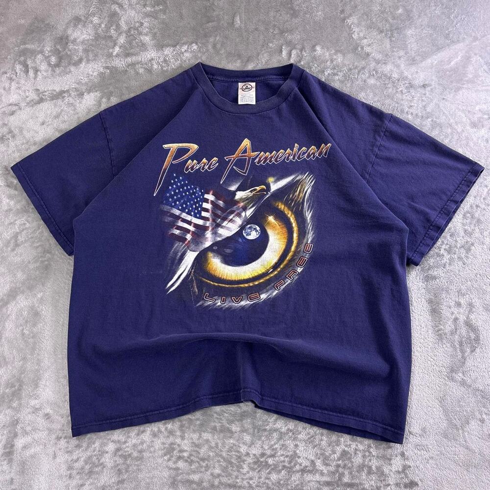 Vintage Y2K Pure American Live Free Eagle Flag T-Shirt Men’s XL Faded Blue